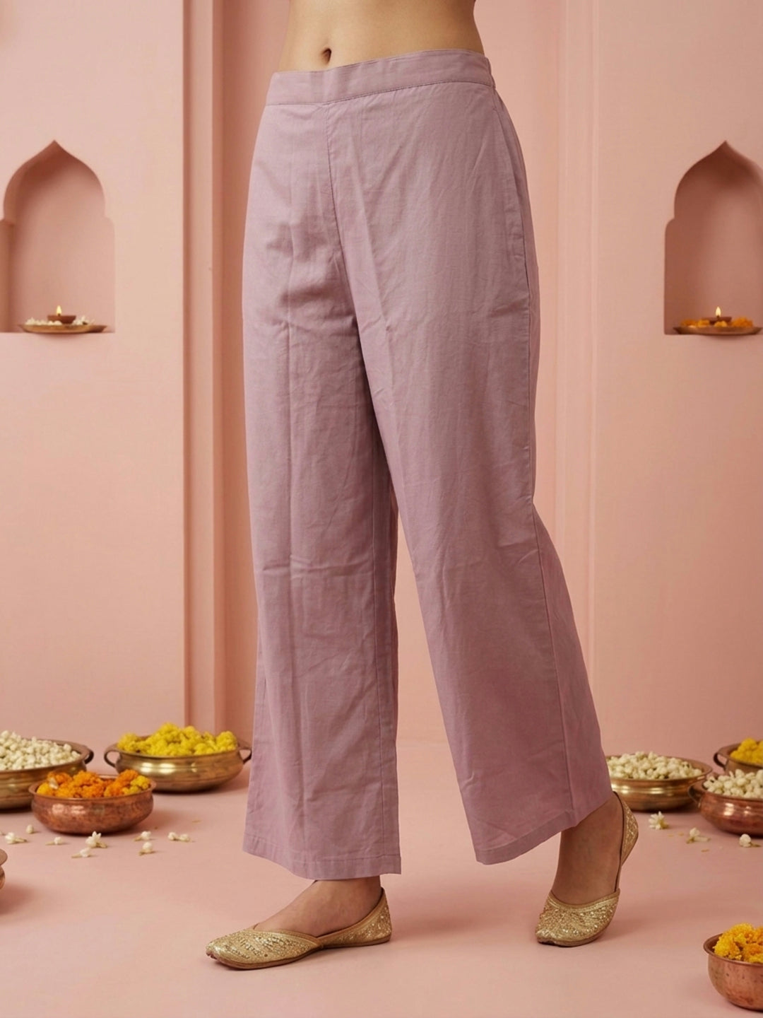 Mauve Solid Cotton A-Line Pleated Kurta Set with Floral Embroidered Yoke, Pant & Embroidered Mulmul Dupatta