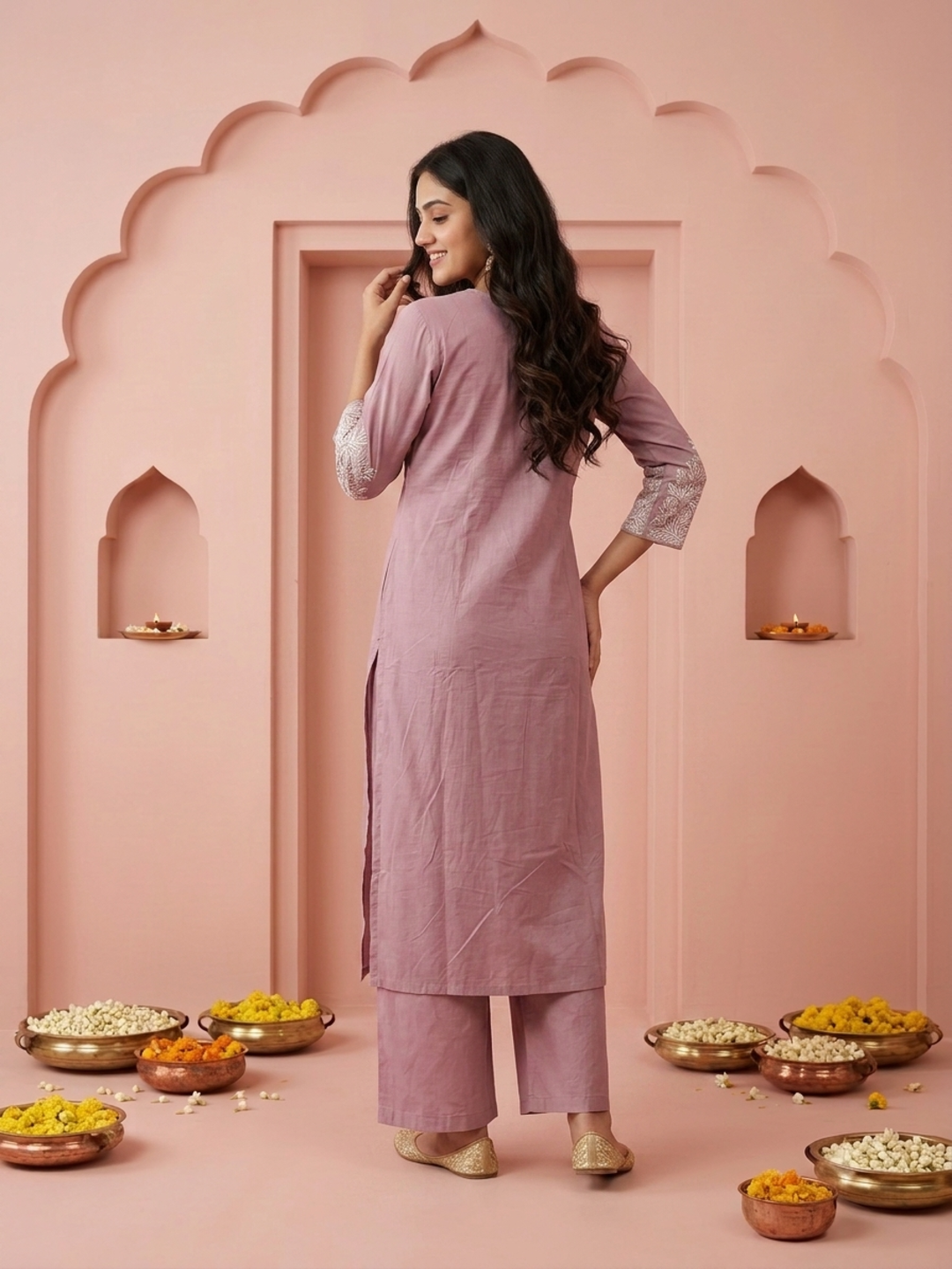 Mauve Solid Cotton A-Line Pleated Kurta Set with Floral Embroidered Yoke, Pant & Embroidered Mulmul Dupatta