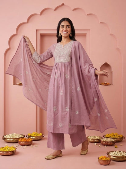 Mauve Solid Cotton A-Line Pleated Kurta Set with Floral Embroidered Yoke, Pant & Embroidered Mulmul Dupatta