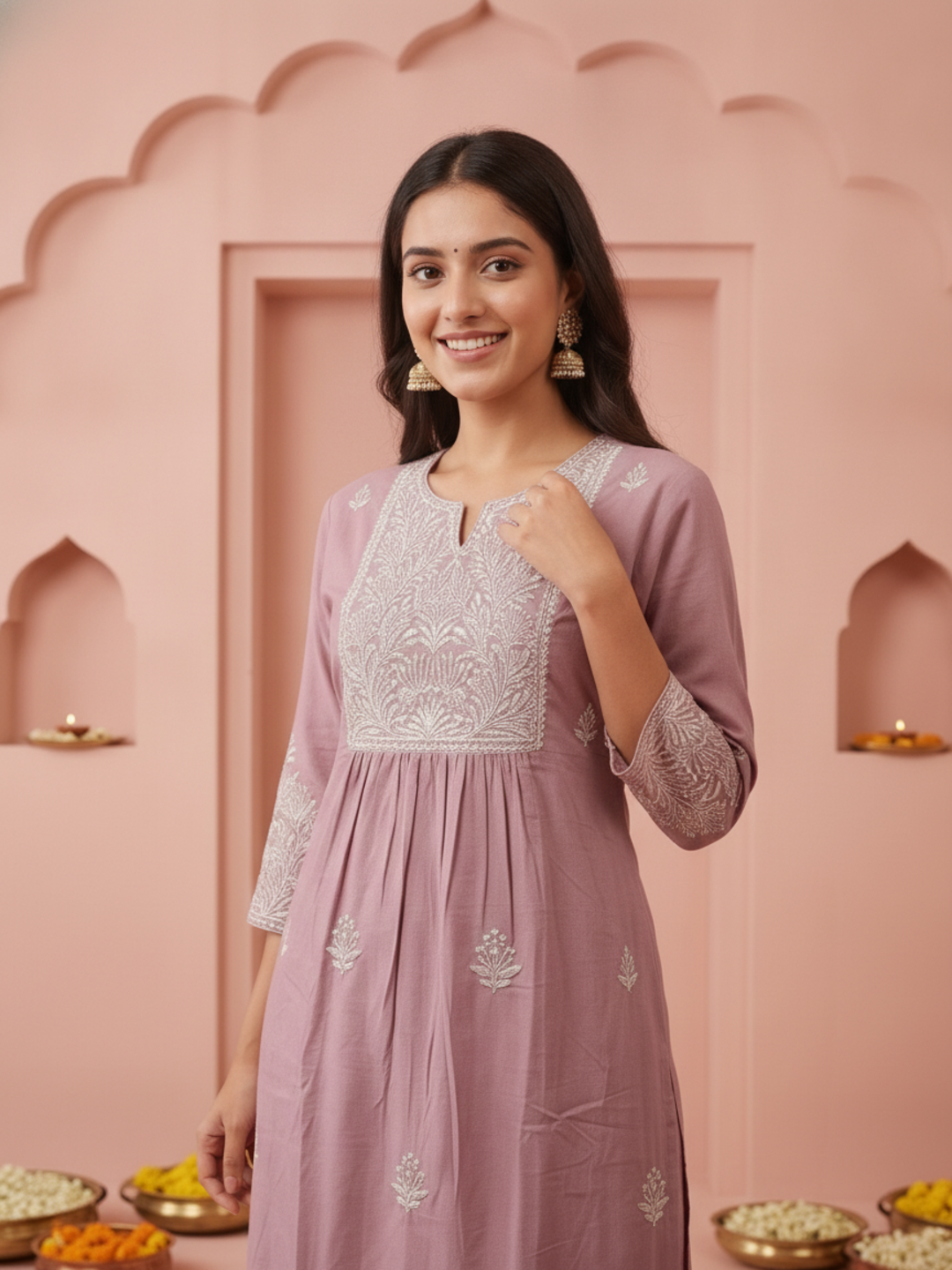 Mauve Solid Cotton A-Line Pleated Kurta Set with Floral Embroidered Yoke, Pant & Embroidered Mulmul Dupatta