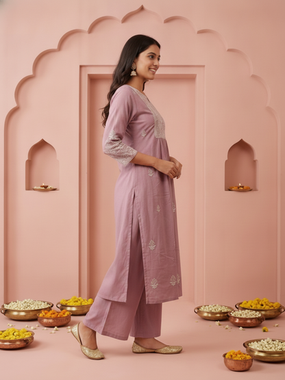 Mauve Solid Cotton A-Line Pleated Kurta Set with Floral Embroidered Yoke, Pant & Embroidered Mulmul Dupatta