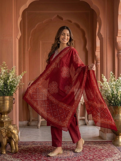 Maroon Bandhani Print Cotton Straight Kurta Set with Sequin Embroidery, V-Neck, Pant & Printed Dupatta