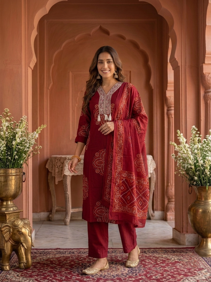Maroon Bandhani Print Cotton Straight Kurta Set with Sequin Embroidery, V-Neck, Pant & Printed Dupatta