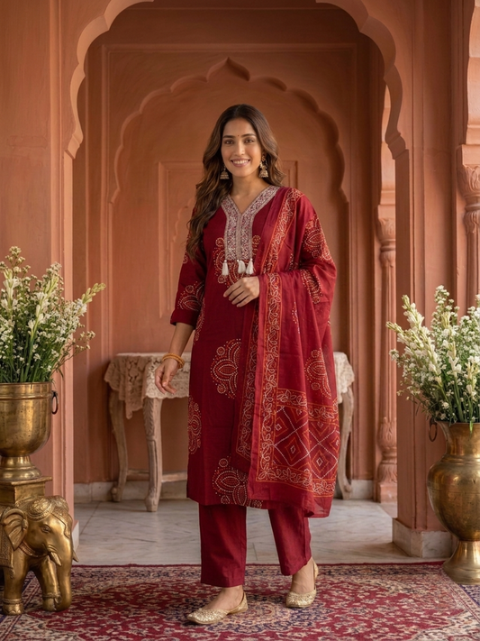 Maroon Bandhani Print Cotton Straight Kurta Set with Sequin Embroidery, V-Neck, Pant & Printed Dupatta