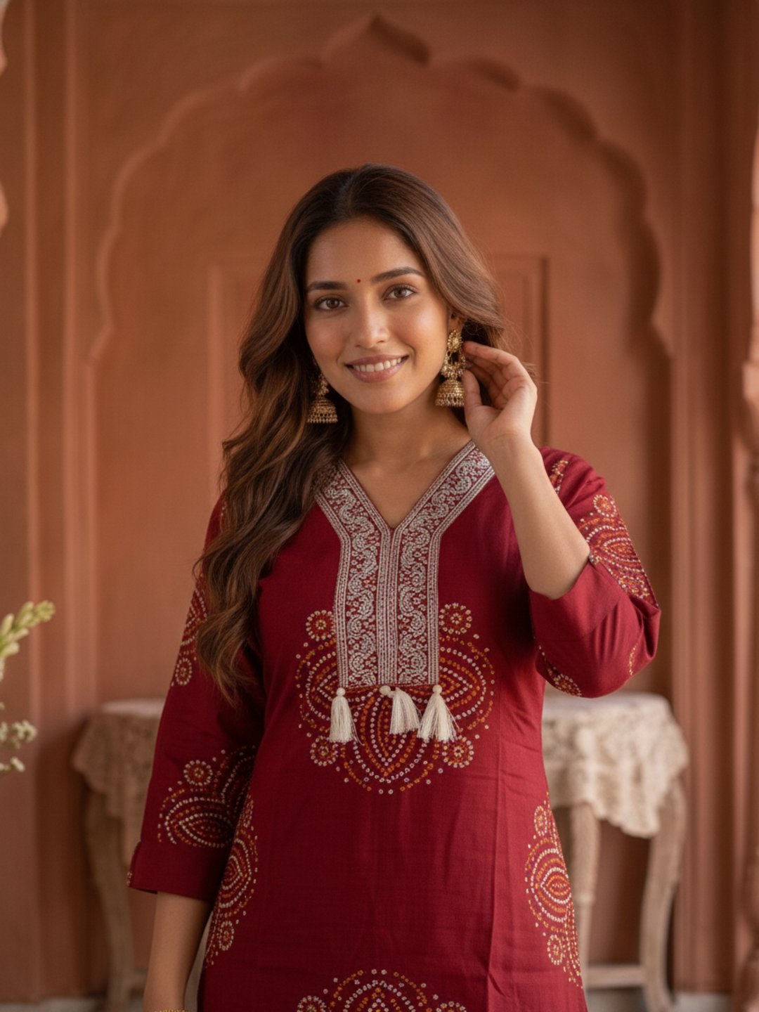 Maroon Bandhani Print Cotton Straight Kurta Set with Sequin Embroidery, V-Neck, Pant & Printed Dupatta