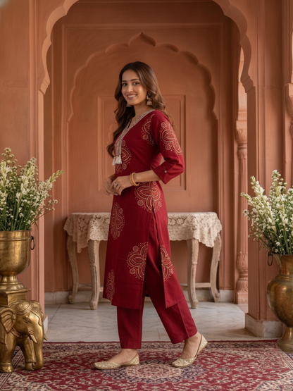 Maroon Bandhani Print Cotton Straight Kurta Set with Sequin Embroidery, V-Neck, Pant & Printed Dupatta
