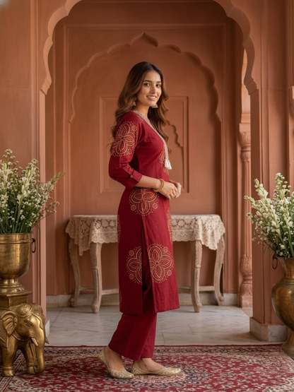 Maroon Bandhani Print Cotton Straight Kurta Set with Sequin Embroidery, V-Neck, Pant & Printed Dupatta