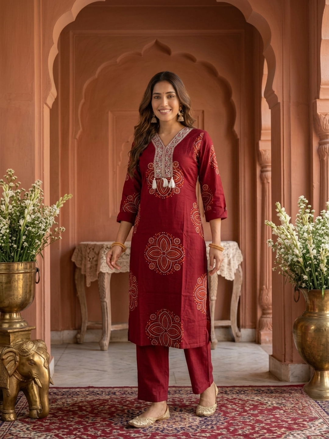 Maroon Bandhani Print Cotton Straight Kurta Set with Sequin Embroidery, V-Neck, Pant & Printed Dupatta