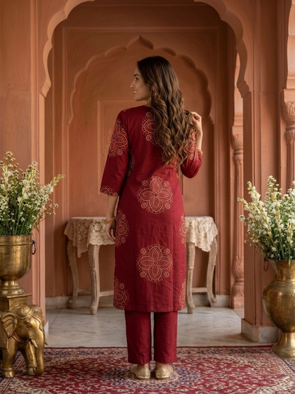 Maroon Bandhani Print Cotton Straight Kurta Set with Sequin Embroidery, V-Neck, Pant & Printed Dupatta