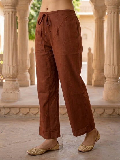 Rust Solid Cotton Straight Kurta Set with Abstract Embroidery, Handwork, Palazzo & Embroidered Dupatta
