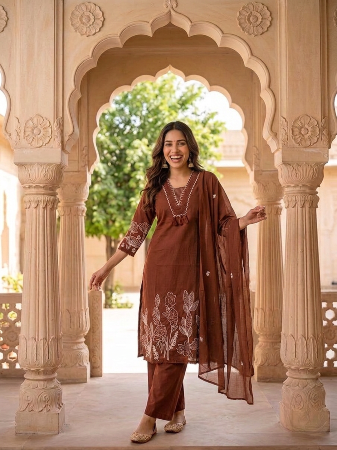 Rust Solid Cotton Straight Kurta Set with Abstract Embroidery, Handwork, Palazzo & Embroidered Dupatta