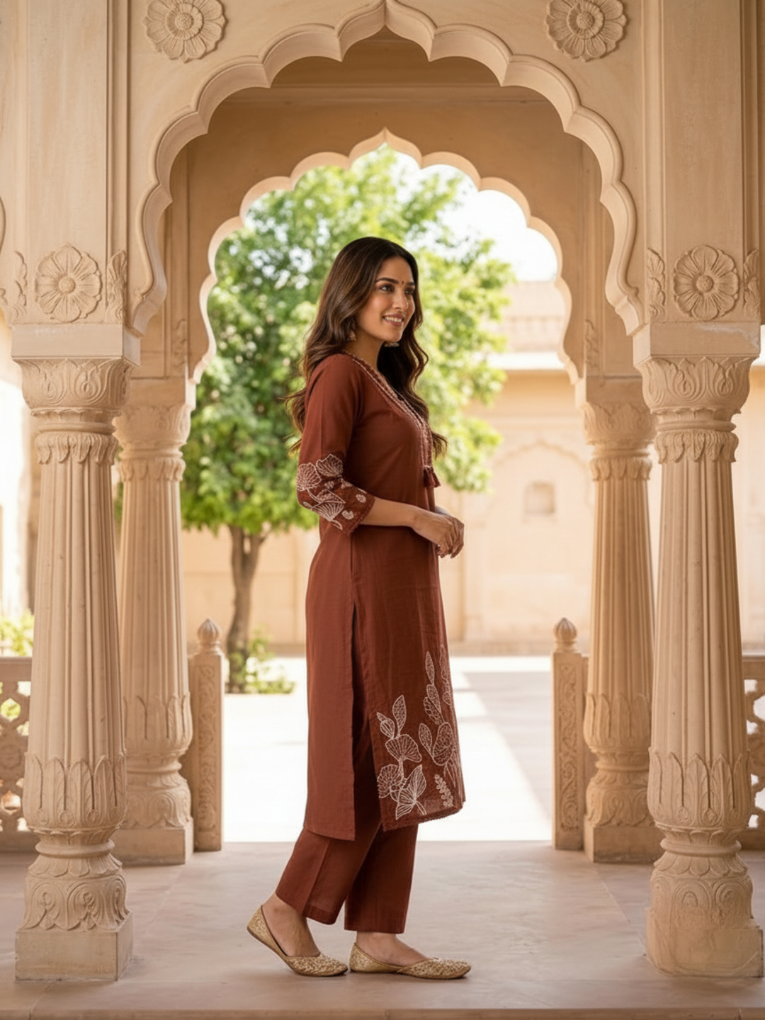 Rust Solid Cotton Straight Kurta Set with Abstract Embroidery, Handwork, Palazzo & Embroidered Dupatta
