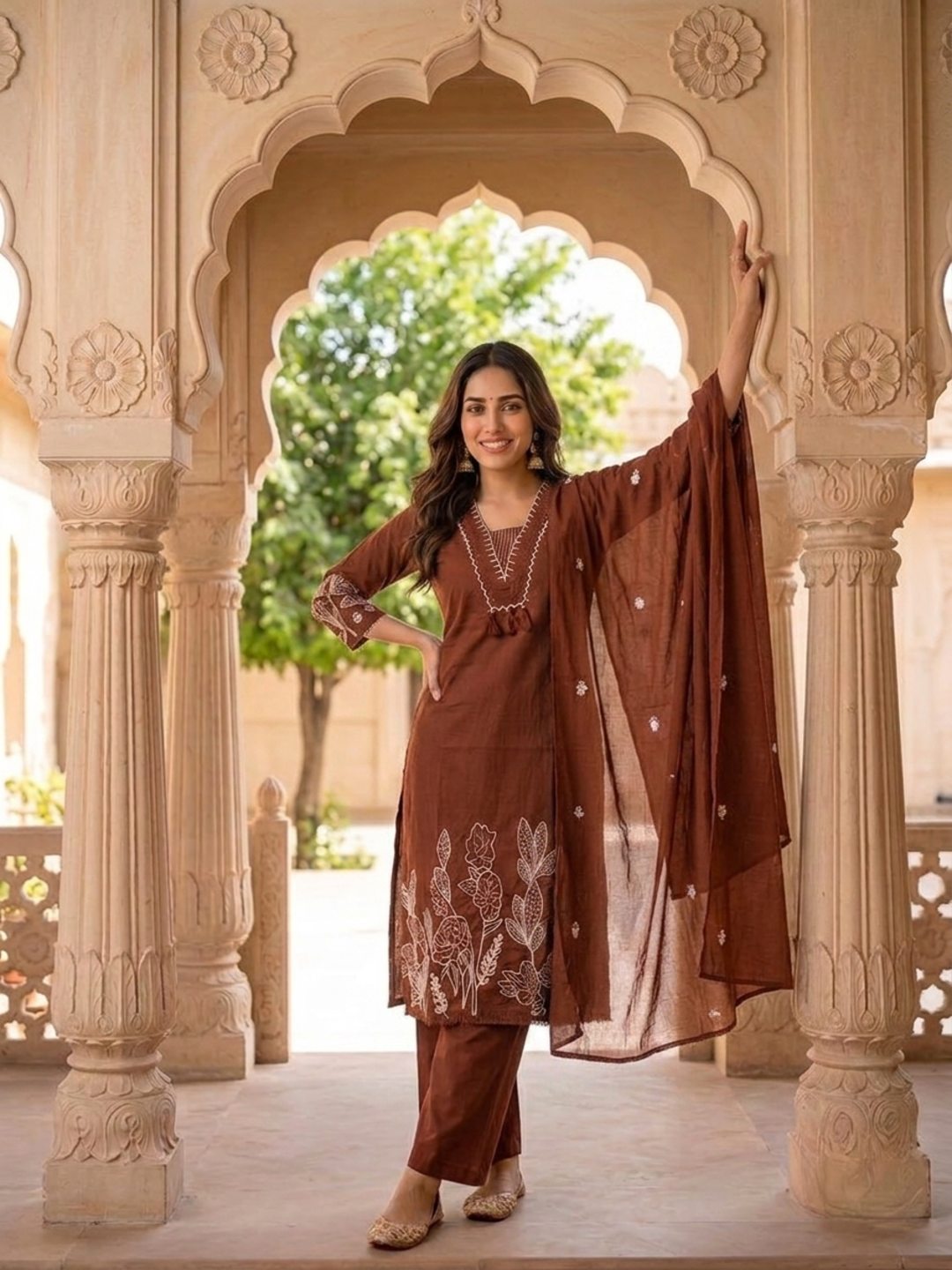 Rust Solid Cotton Straight Kurta Set with Abstract Embroidery, Handwork, Palazzo & Embroidered Dupatta