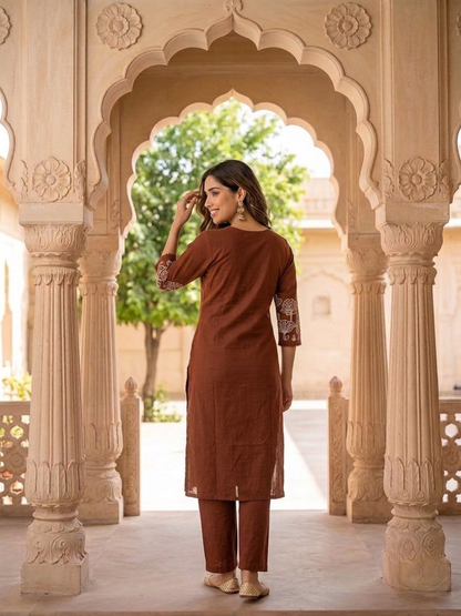 Rust Solid Cotton Straight Kurta Set with Abstract Embroidery, Handwork, Palazzo & Embroidered Dupatta
