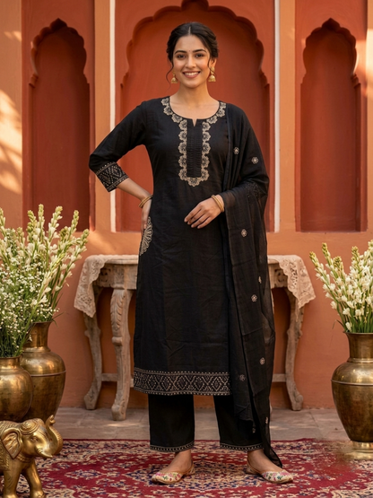 Black Solid Cotton Straight Kurta Set with Floral Embroidery, Palazzo & Embroidered Dupatta
