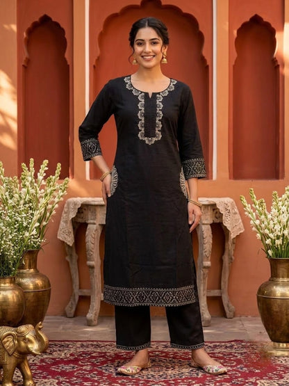 Black Solid Cotton Straight Kurta Set with Floral Embroidery, Palazzo & Embroidered Dupatta