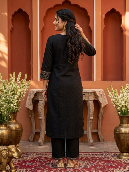 Black Solid Cotton Straight Kurta Set with Floral Embroidery, Palazzo & Embroidered Dupatta