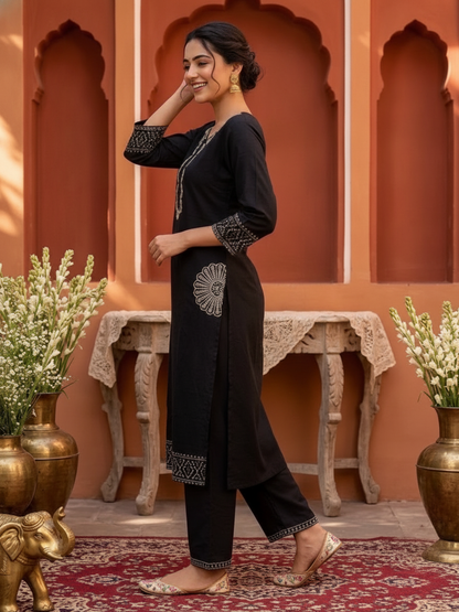 Black Solid Cotton Straight Kurta Set with Floral Embroidery, Palazzo & Embroidered Dupatta