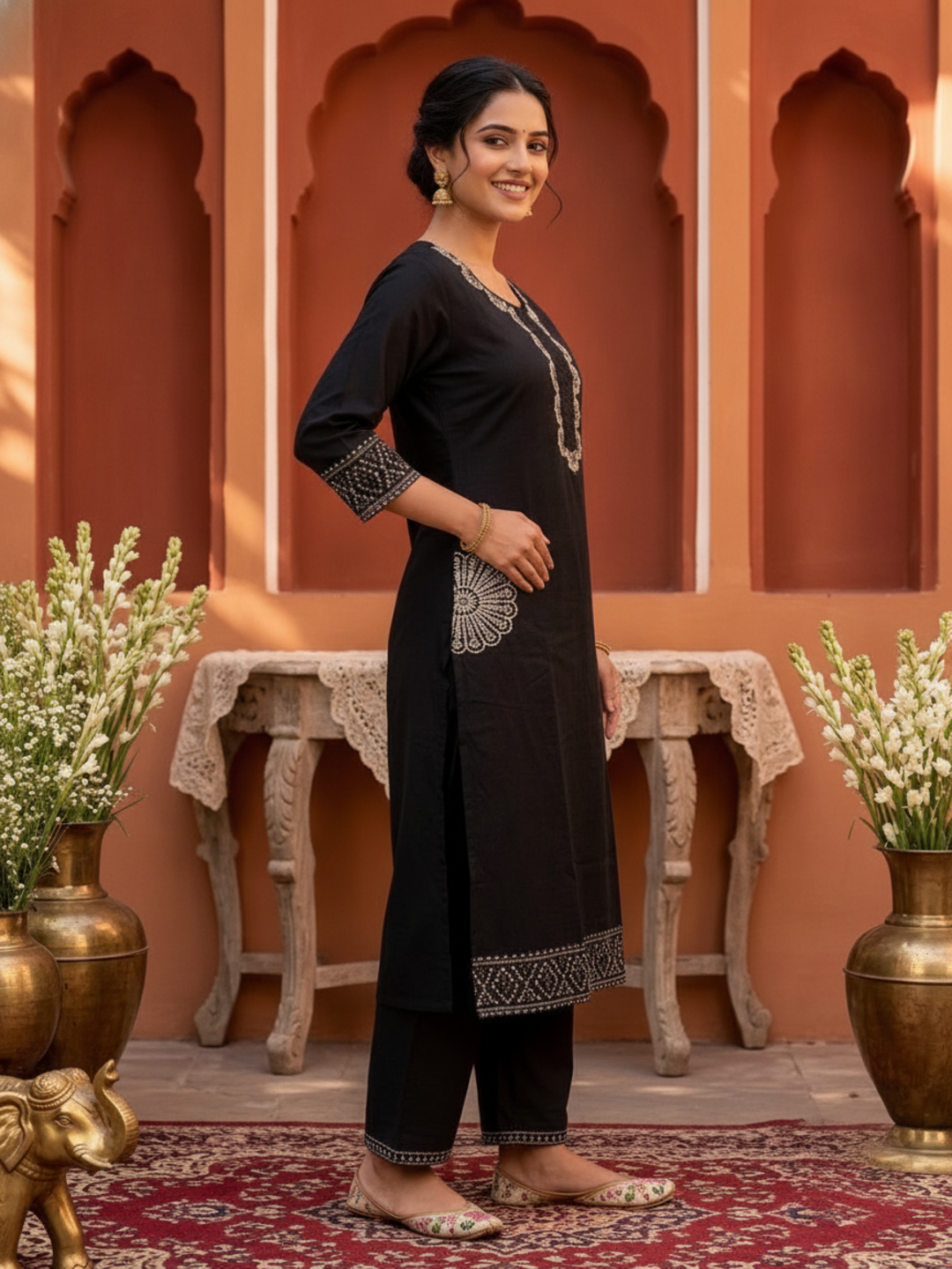 Black Solid Cotton Straight Kurta Set with Floral Embroidery, Palazzo & Embroidered Dupatta