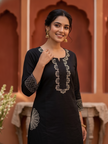 Black Solid Cotton Straight Kurta Set with Floral Embroidery, Palazzo & Embroidered Dupatta
