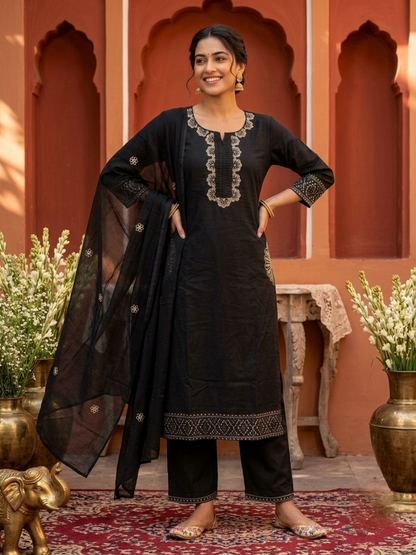 Black Solid Cotton Straight Kurta Set with Floral Embroidery, Palazzo & Embroidered Dupatta