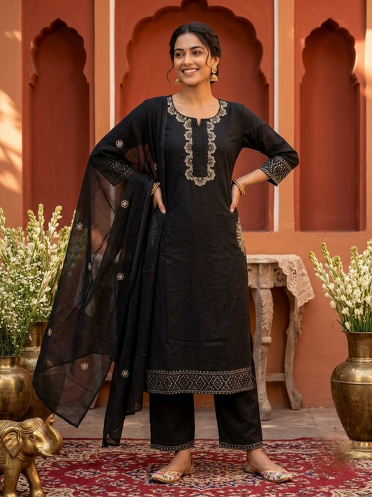 Black Solid Cotton Straight Kurta Set with Floral Embroidery, Palazzo & Embroidered Dupatta