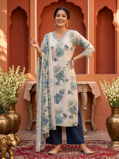 Blue Floral Foil Print Cotton Straight Kurta Set with Embroidery, V-Neck, Pant & Multi Printed Dupatta