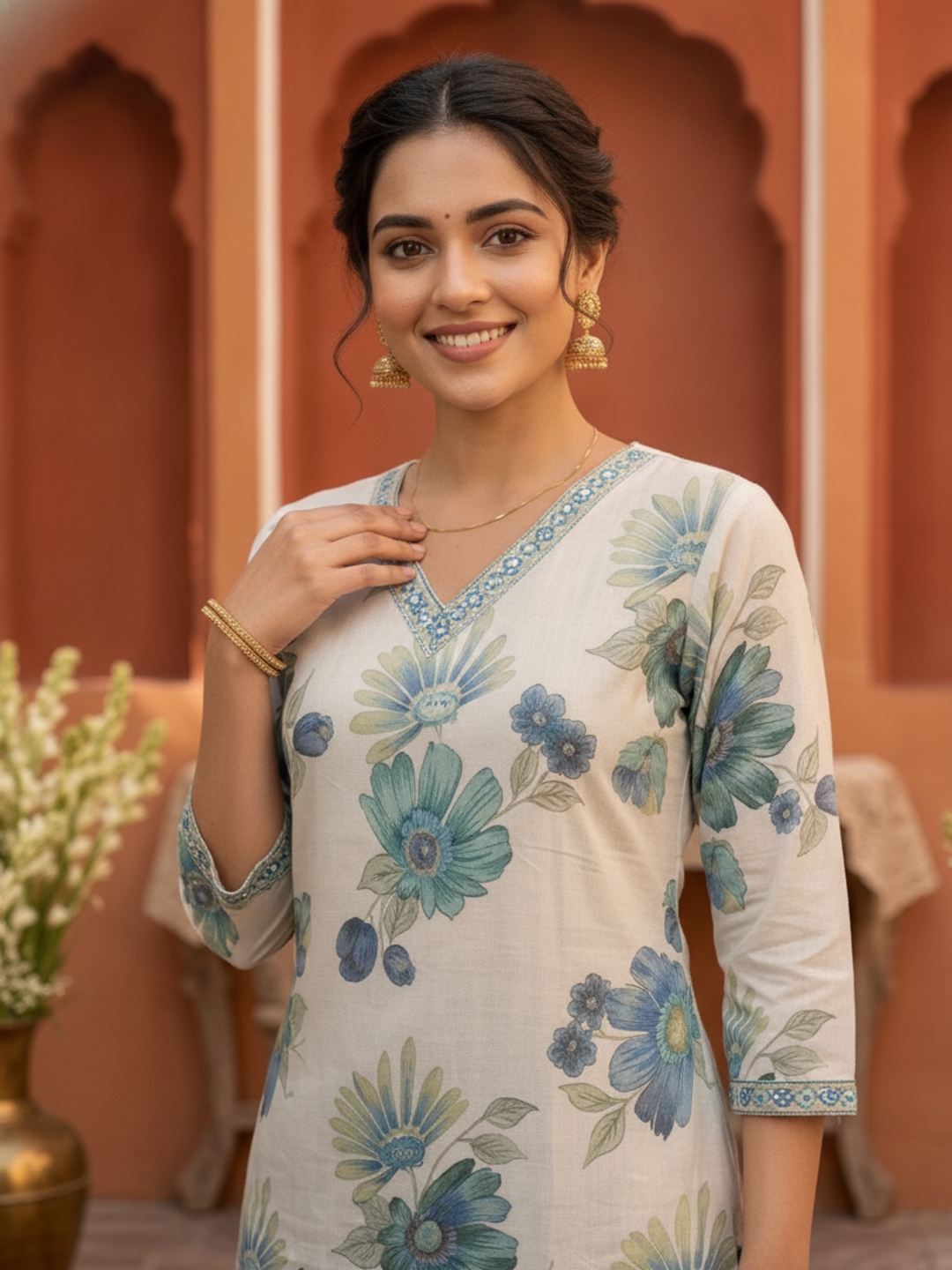 Blue Floral Foil Print Cotton Straight Kurta Set with Embroidery, V-Neck, Pant & Multi Printed Dupatta
