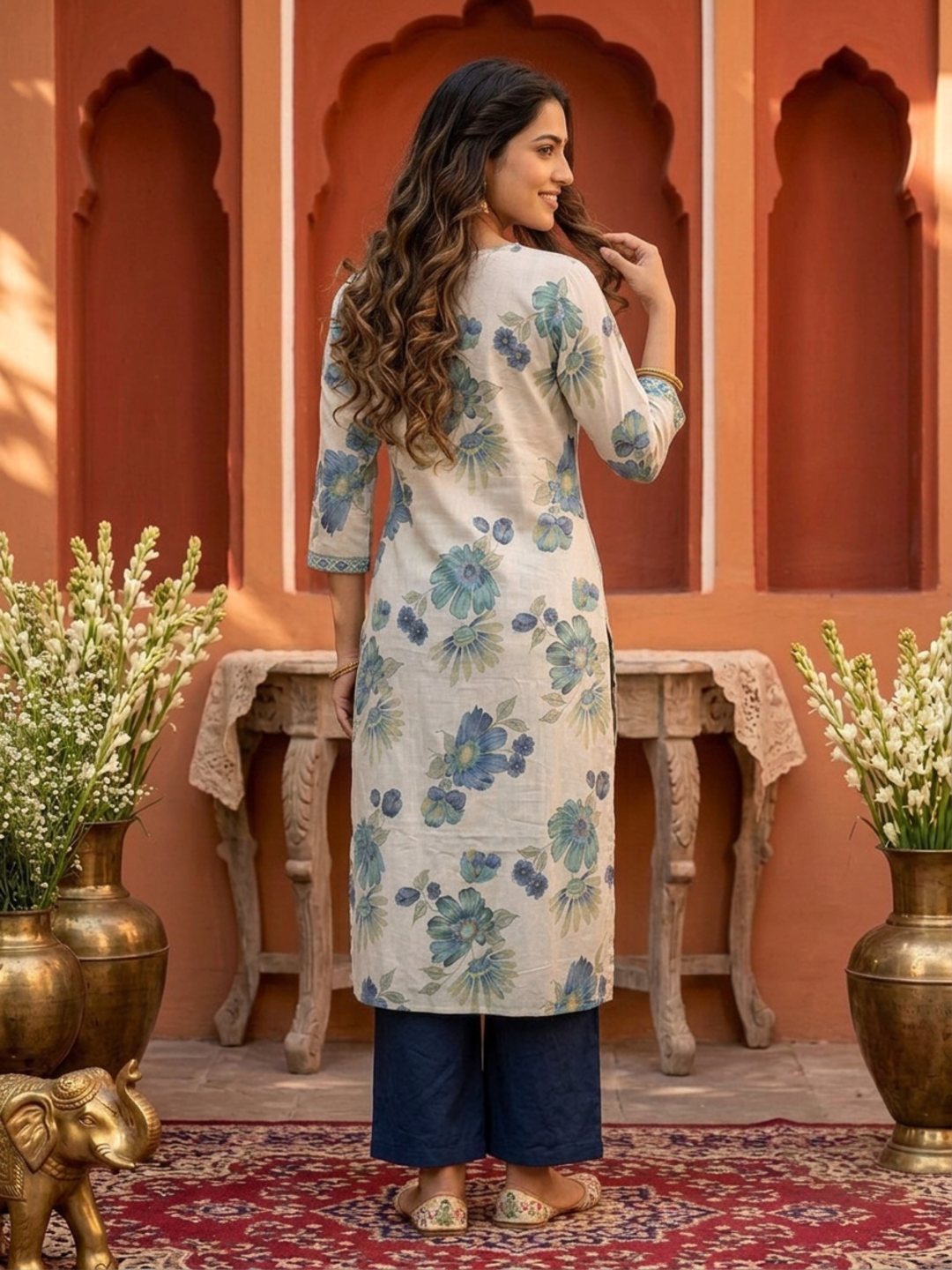 Blue Floral Foil Print Cotton Straight Kurta Set with Embroidery, V-Neck, Pant & Multi Printed Dupatta