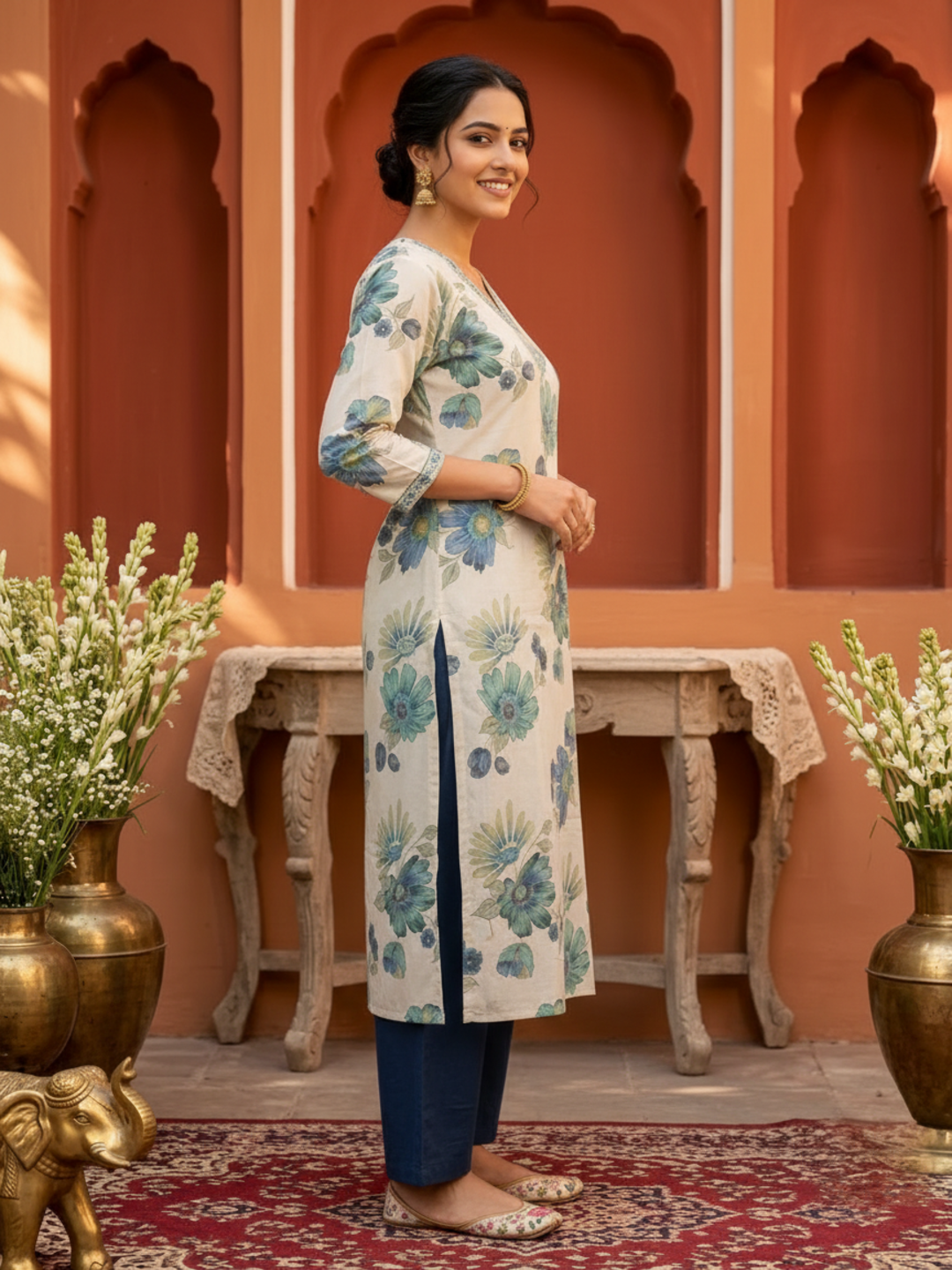 Blue Floral Foil Print Cotton Straight Kurta Set with Embroidery, V-Neck, Pant & Multi Printed Dupatta