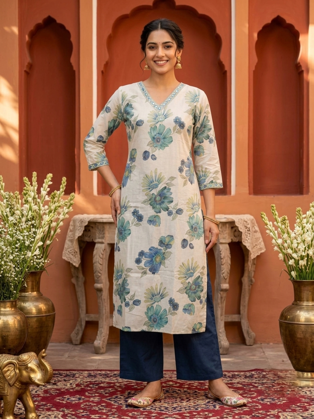 Blue Floral Foil Print Cotton Straight Kurta Set with Embroidery, V-Neck, Pant & Multi Printed Dupatta