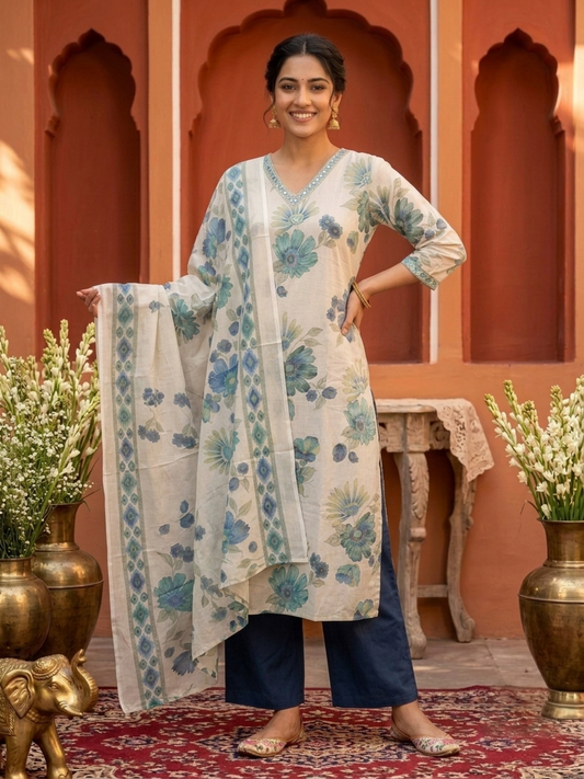 Blue Floral Foil Print Cotton Straight Kurta Set with Embroidery, V-Neck, Pant & Multi Printed Dupatta
