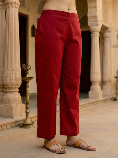 Maroon Solid Cotton A-Line Kurta Set with Beadwork & Floral Thread Embroidery, Pant & Embroidered Mulmul Dupatta