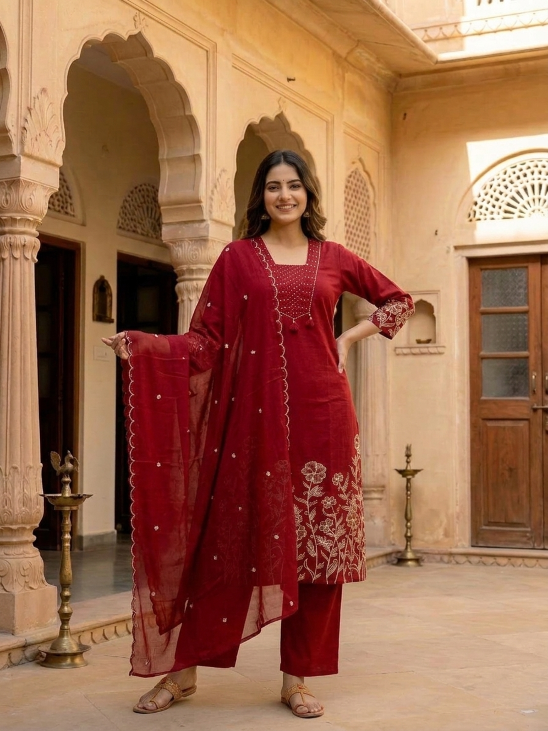 Maroon Solid Cotton A-Line Kurta Set with Beadwork & Floral Thread Embroidery, Pant & Embroidered Mulmul Dupatta