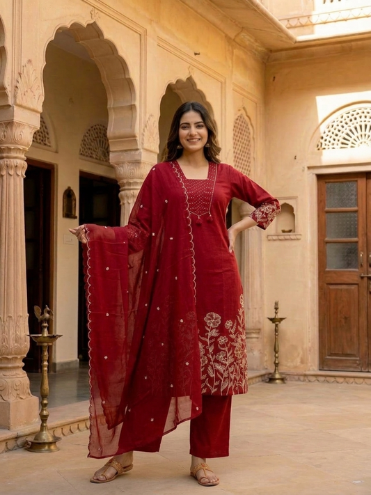 Maroon Solid Cotton A-Line Kurta Set with Beadwork & Floral Thread Embroidery, Pant & Embroidered Mulmul Dupatta