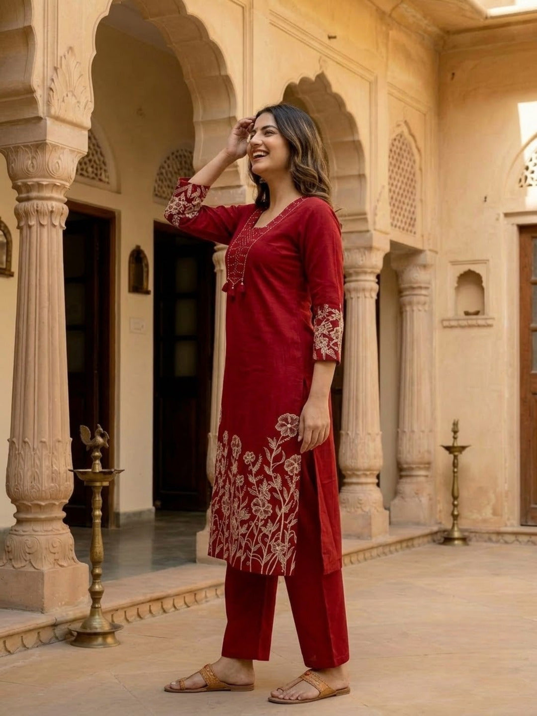Maroon Solid Cotton A-Line Kurta Set with Beadwork & Floral Thread Embroidery, Pant & Embroidered Mulmul Dupatta