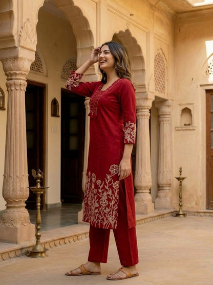 Maroon Solid Cotton A-Line Kurta Set with Beadwork & Floral Thread Embroidery, Pant & Embroidered Mulmul Dupatta