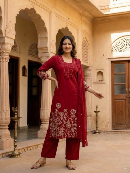 Maroon Solid Cotton A-Line Kurta Set with Beadwork & Floral Thread Embroidery, Pant & Embroidered Mulmul Dupatta