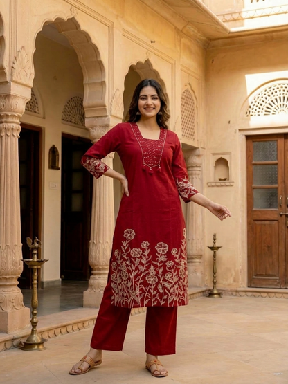 Maroon Solid Cotton A-Line Kurta Set with Beadwork & Floral Thread Embroidery, Pant & Embroidered Mulmul Dupatta