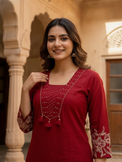 Maroon Solid Cotton A-Line Kurta Set with Beadwork & Floral Thread Embroidery, Pant & Embroidered Mulmul Dupatta