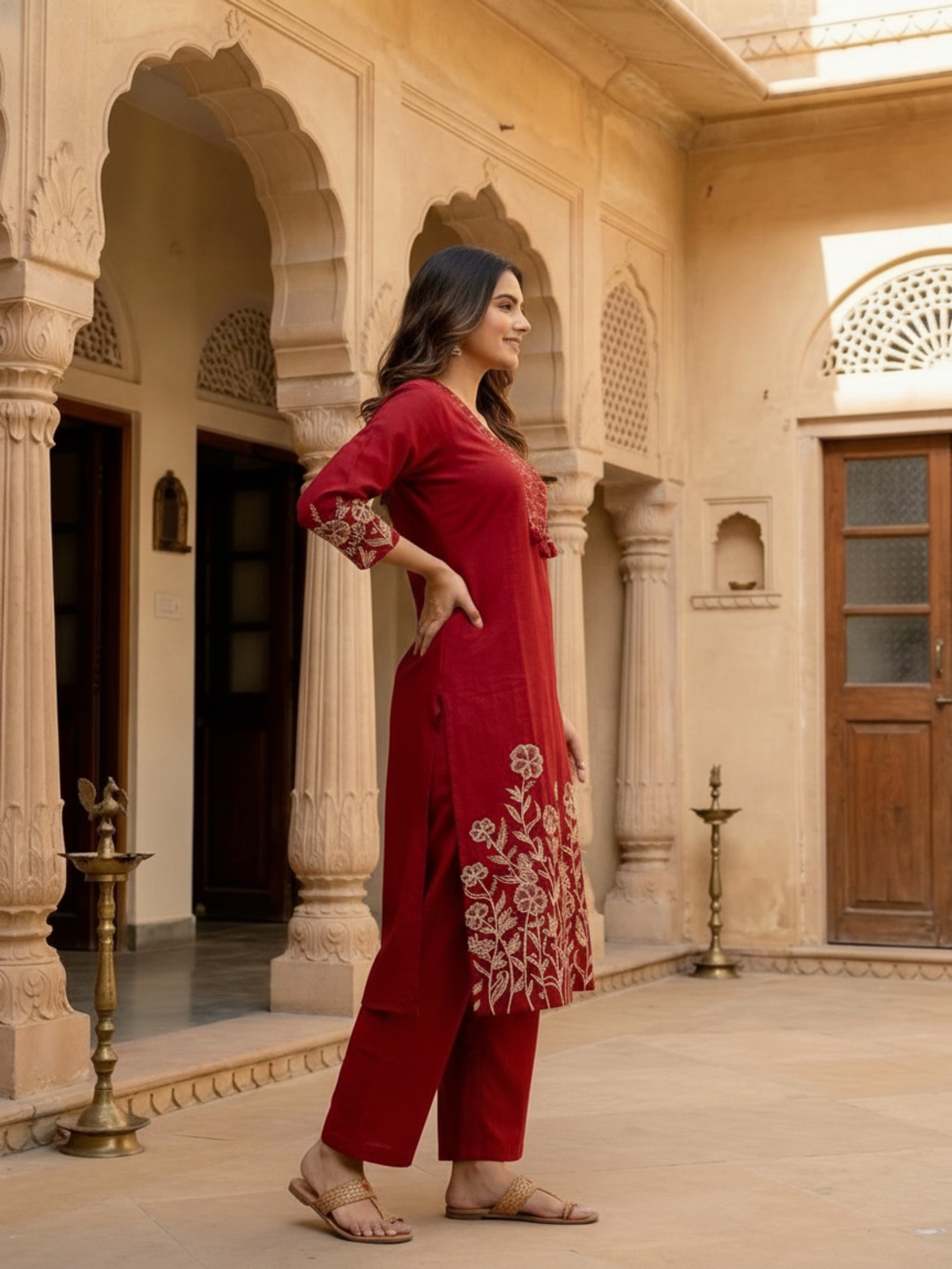Maroon Solid Cotton A-Line Kurta Set with Beadwork & Floral Thread Embroidery, Pant & Embroidered Mulmul Dupatta