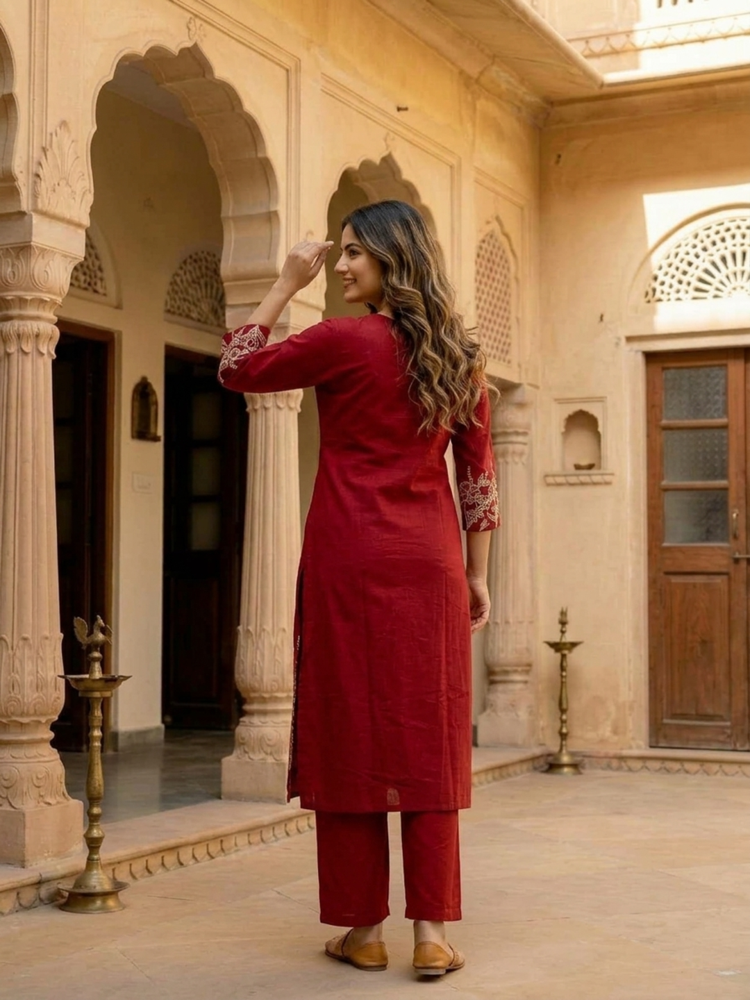 Maroon Solid Cotton A-Line Kurta Set with Beadwork & Floral Thread Embroidery, Pant & Embroidered Mulmul Dupatta