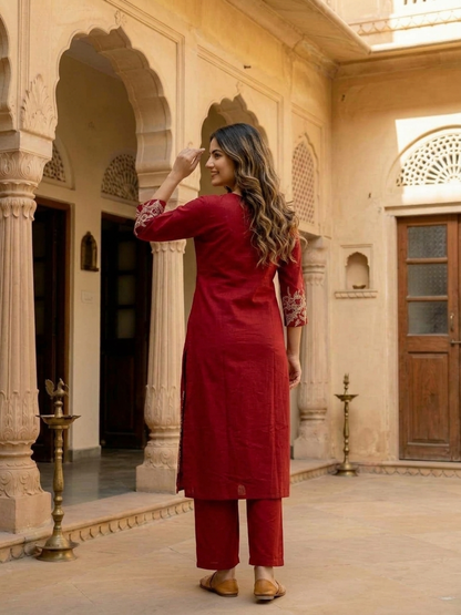 Maroon Solid Cotton A-Line Kurta Set with Beadwork & Floral Thread Embroidery, Pant & Embroidered Mulmul Dupatta