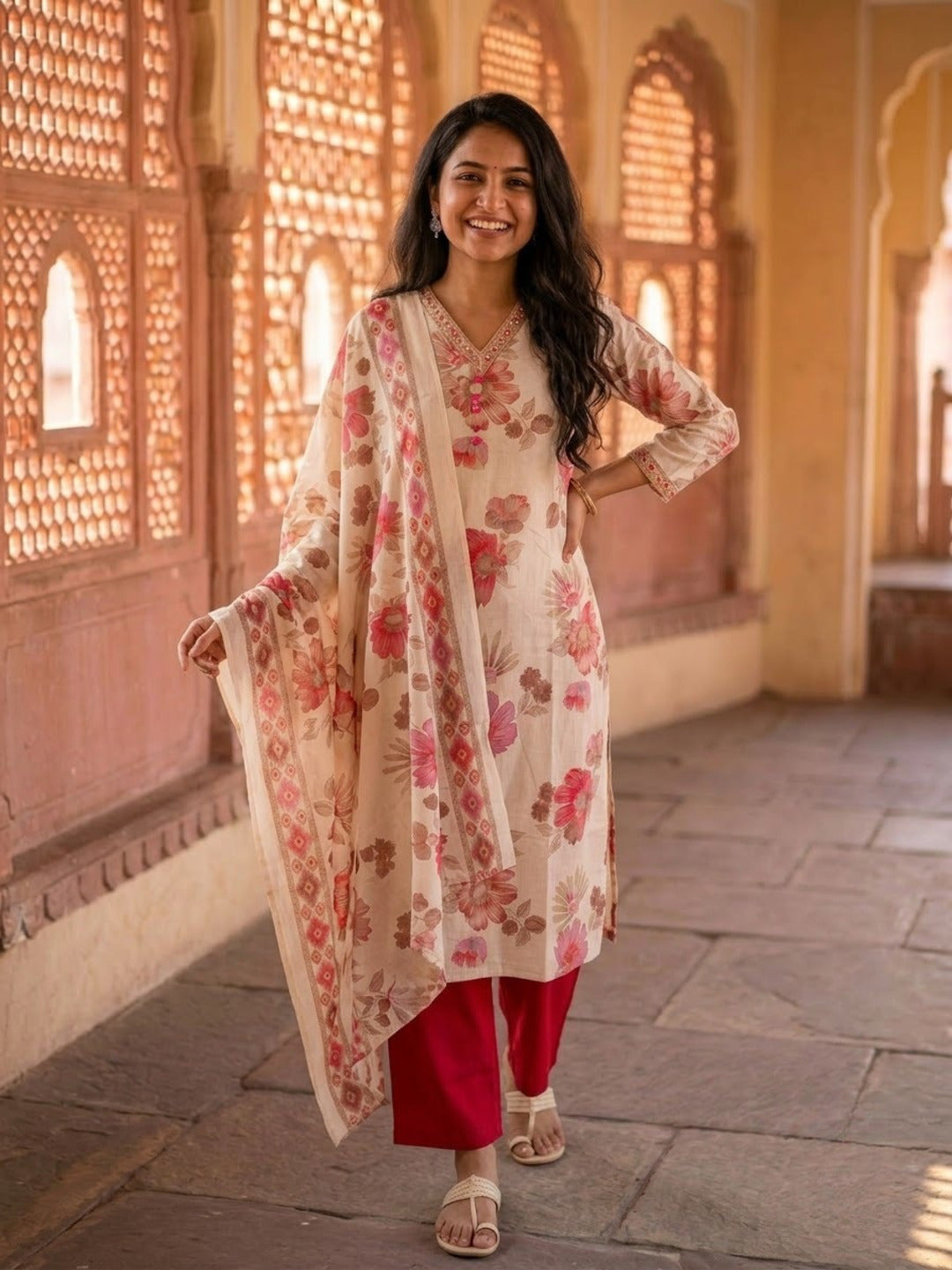 Pink Floral Foil Print Cotton Straight Kurta Set with V-Neck, Pant & Multi Printed Dupatta