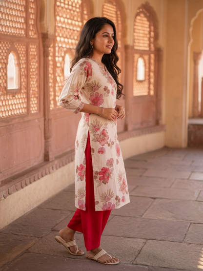 Pink Floral Foil Print Cotton Straight Kurta Set with V-Neck, Pant & Multi Printed Dupatta