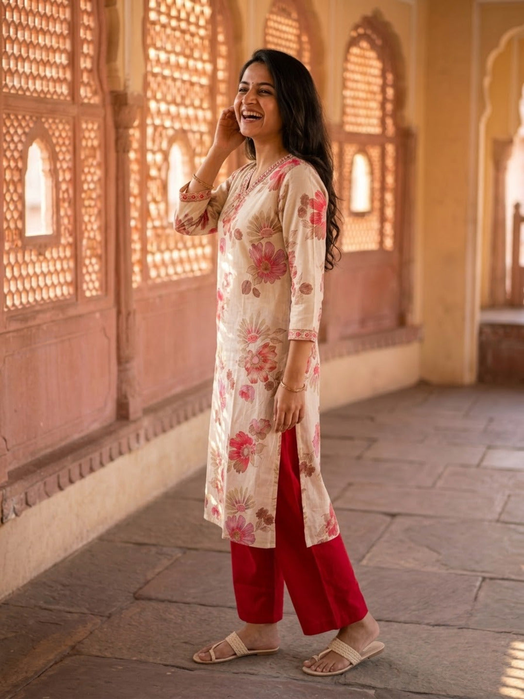 Pink Floral Foil Print Cotton Straight Kurta Set with V-Neck, Pant & Multi Printed Dupatta