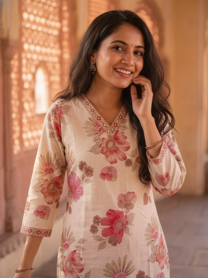 Pink Floral Foil Print Cotton Straight Kurta Set with V-Neck, Pant & Multi Printed Dupatta