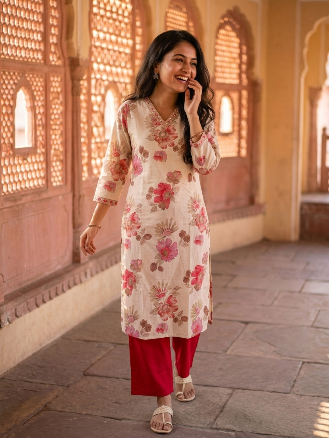 Pink Floral Foil Print Cotton Straight Kurta Set with V-Neck, Pant & Multi Printed Dupatta