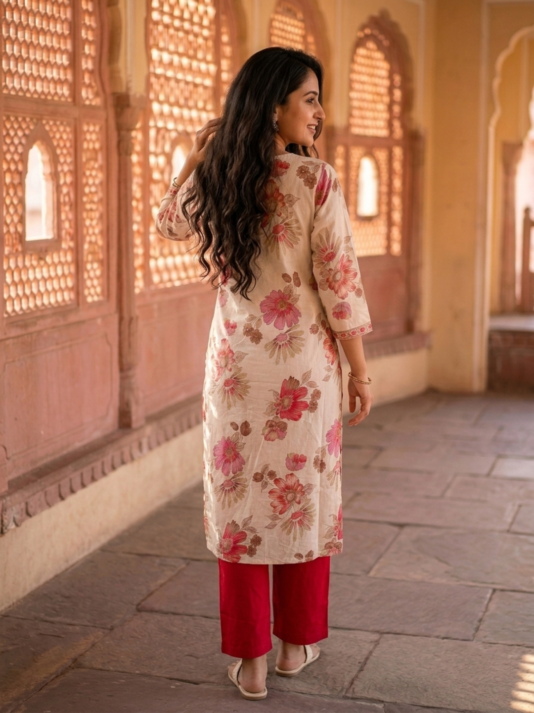 Pink Floral Foil Print Cotton Straight Kurta Set with V-Neck, Pant & Multi Printed Dupatta