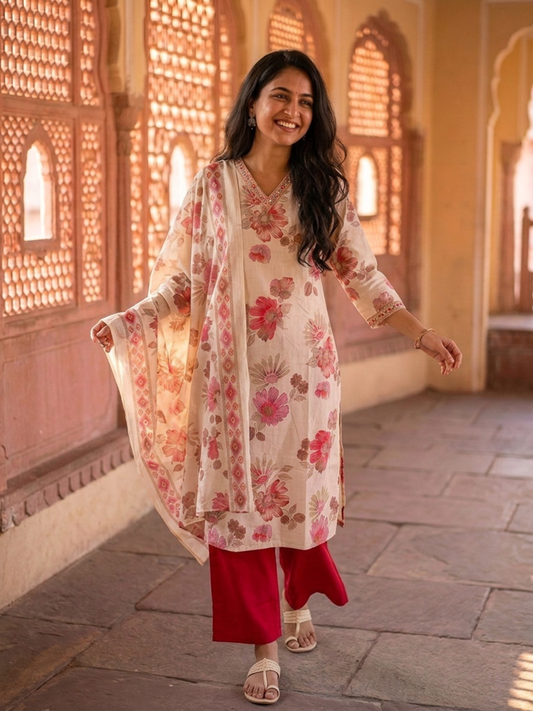 Pink Floral Foil Print Cotton Straight Kurta Set with V-Neck, Pant & Multi Printed Dupatta